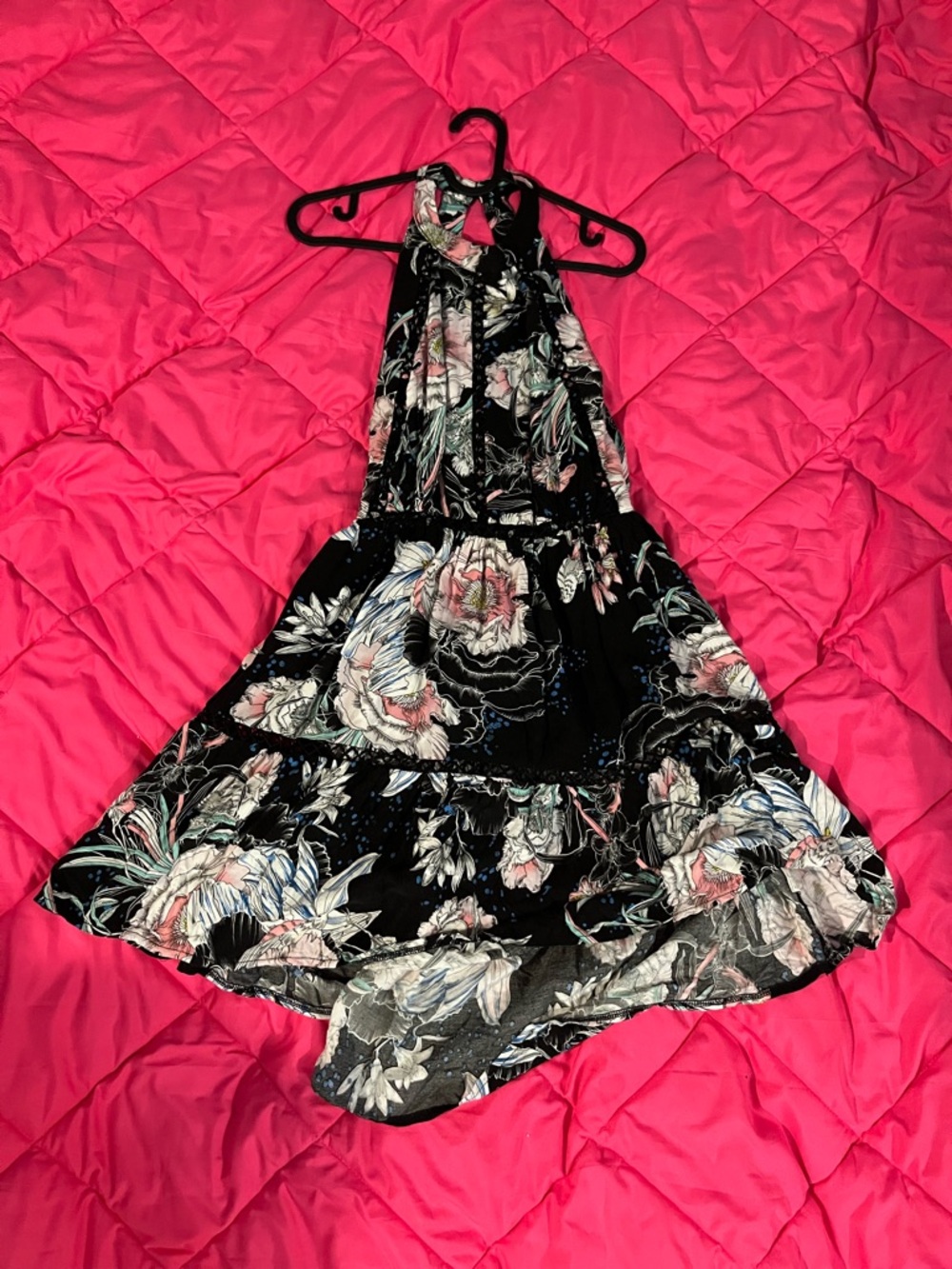 Jaase Black Floral Halter Dress with Pink & White Blooms